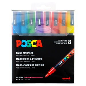 Uni Posca Paint Markers PC-3M 1.3mm 8pc Glitter Colors Set