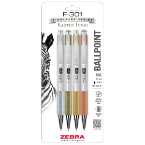 Zebra F-301 Retractable Earthy Tones Ballpoint Pen 4 Pack 0.7mm