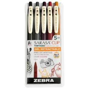 Zebra SARASA Clip Vintage Retractable Gel Pen 0.5mm 5 Pack Light
