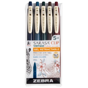 Zebra SARASA Clip Vintage Retractable Gel Pen 0.5mm 5 Pack Dark