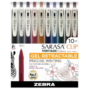 Zebra SARASA Clip Vintage Retractable Gel Pen 0.5mm 10 Pack Light & Dark