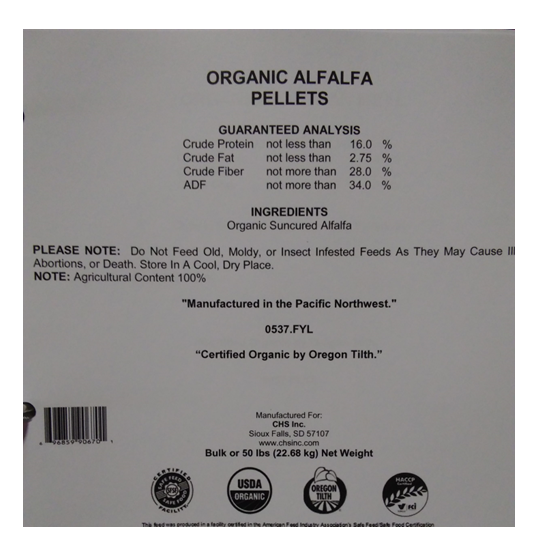 Organic Alfalfa Pellets 50 lb