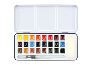 SoHo Semi-Moist Watercolor Whole Pan 24 Set with Brush and Sponge