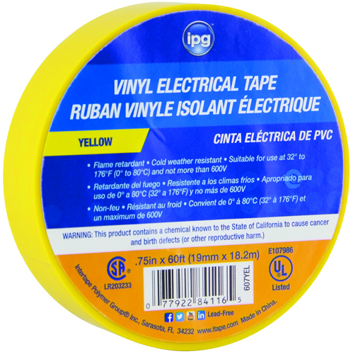 IPG 85830 Electrical Tape, 60 ft L, PVC Backing, Yellow