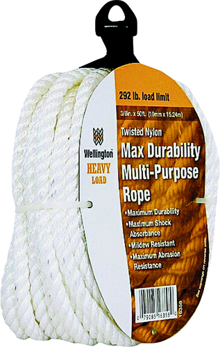 Wellington 16358 Rope, 292 lb Working Load Limit, 50 ft L, 1/4 in Dia, Nylon