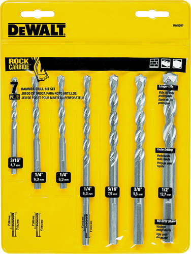 DeWALT DW5207 Premium Hammer Drill Bit Set, Carbide, Silver, 7-Piece, For