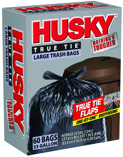 HUSKY HK33WC060B Trash Bag, 33 gal Capacity, Tie Closure, Polyethylene,