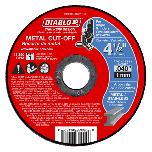 Diablo DBD045040101F Cut-Off Wheel, Aluminum Oxide, 4-1/2 in Dia