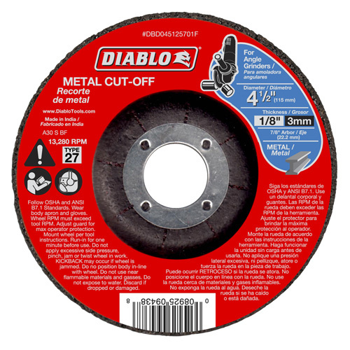 Diablo DBD045125701F Cut-Off Wheel, Aluminum Oxide, 4-1/2 in Dia