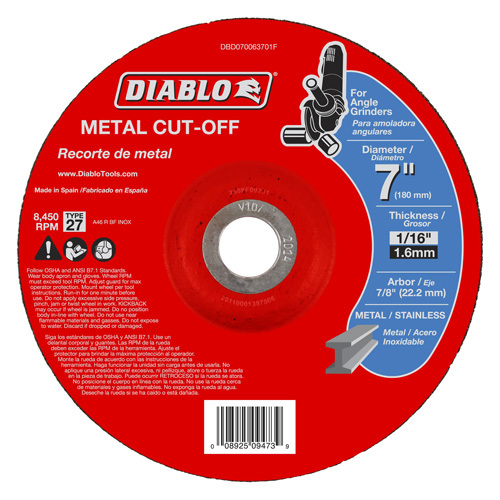 Diablo DBD070063701F Cut-Off Wheel, Aluminum Oxide, 7 in Dia