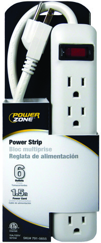 PowerZone Power Outlet Strip, 125 V, 15 A, 6 Outlet