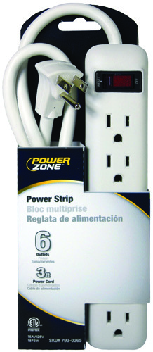 PowerZone Power Outlet Strip, 125 V, 15 A, 6 Outlet