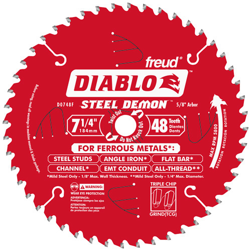 Diablo D0748F Circular Saw Blade, 7-1/4 in Dia, Carbide Cutting Edge, 5/8 in