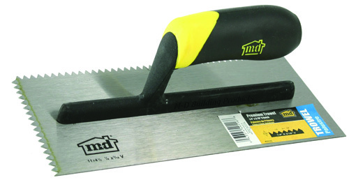 M-D 49116 Tile Installation Trowel, 12 in L, 4-1/2 in W, V Notch, 1/4 in W x