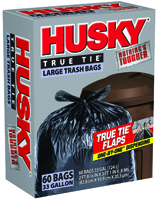 HUSKY HK33WC060B Trash Bag, 33 gal Capacity, Tie Closure, Polyethylene,