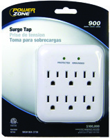 PowerZone Tap Surge Protector, 125 V, 15 A, 6 Outlet, White