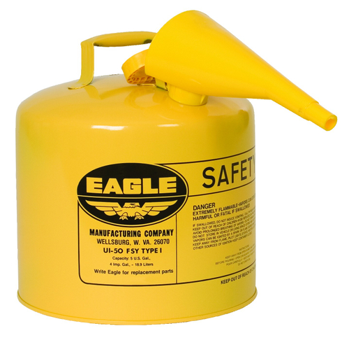EAGLE UI50FSY Safety Can with F15 Funnel, 5 gal Capacity, Steel, Yellow, Galvanized