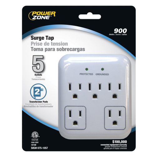 PowerZone OR802155 Tap Surge Protector, 125 V, 15 A, 5-Outlet, 900 Joules Energy, Gray & White
