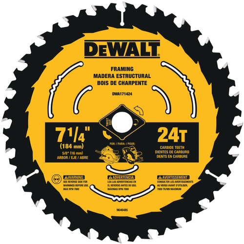 DeWALT DWA171424B10 Circular Saw Blade, 7-1/4 in Dia, 5/8 in Arbor, 24-Teeth, Tungsten Carbide Cutti