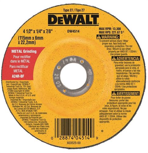 DeWALT DW4514 Grinding Wheel, 4-1/2 in Dia, 1/4 in Thick, 7/8 in Arbor, 24 Grit, Very Coarse