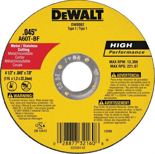 DeWALT DW8062 Cutting Wheel, 4-1/2 in Dia, 0.045 in Thick, 7/8 in Arbor, Very Fine, Aluminum Oxide A