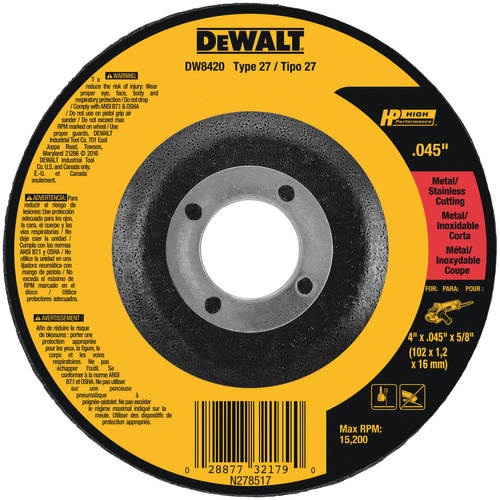 DeWALT DW8424 Cutting Wheel, 4-1/2 in Dia, 0.045 in Thick, 7/8 in Arbor, 60 Grit, Medium, Aluminum O