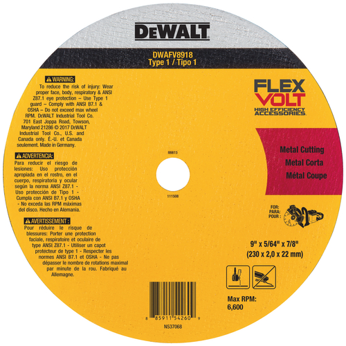 DeWALT FLEXVOLT DWAFV8918 Cut-Off Wheel, 9 in Dia, 0.0781 in Thick, 7/8 in Arbor, Ceramic Abrasive