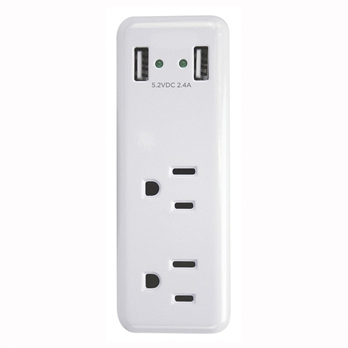 PowerZone ORUSB242 Outlet Charger, 2.4 A, 2-USB Port, 2-Outlet, White