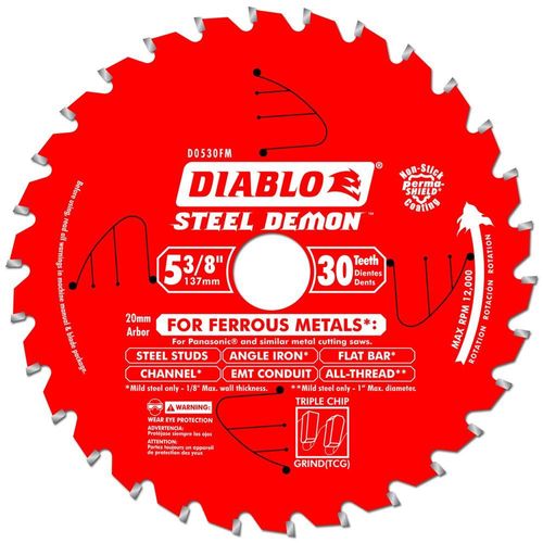Diablo Steel Demon D0530FM Circular Saw Blade, 5-3/8 in Dia, 20 mm Arbor, 30-Teeth