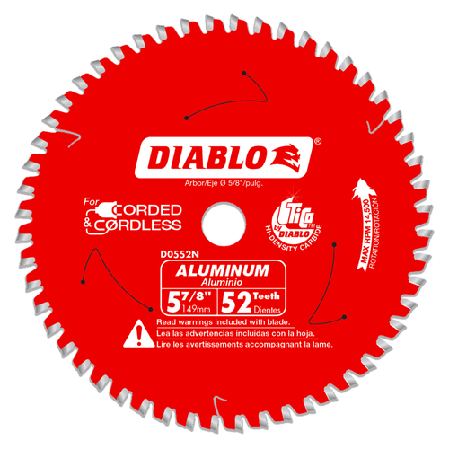 Diablo D0552N Circular Saw Blade, 5-7/8 in Dia, 5/8 in Arbor, 52-Teeth, Carbide Cutting Edge