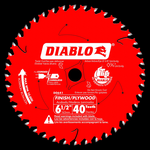 Diablo D0641X Circular Saw Blade, 6-1/2 in Dia, 5/8 in Arbor, 40-Teeth, Carbide Cutting Edge