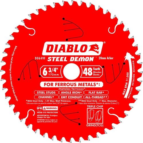 Diablo D0649F Circular Saw Blade, 6-3/4 in Dia, 20 mm Arbor, 48-Teeth, Carbide Cutting Edge