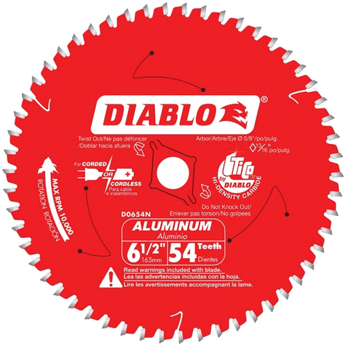 Diablo D0654N Circular Saw Blade, 6-1/2 in Dia, 5/8 in Arbor, 54-Teeth, Carbide Cutting Edge