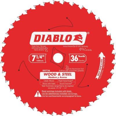Diablo D0736GPX Circular Saw Blade, 7-1/4 in Dia, 5/8 in Arbor, 36-Teeth, Carbide Cutting Edge