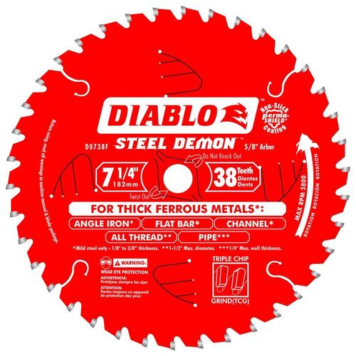 Diablo D0738F Circular Saw Blade, 7-1/4 in Dia, 5/8 in Arbor, 38-Teeth, Carbide Cutting Edge