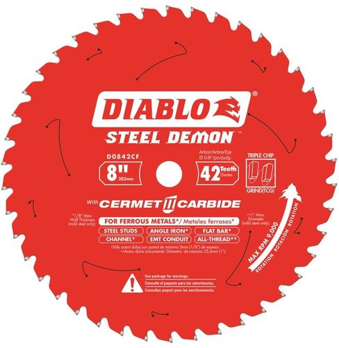Diablo D0842CF Circular Saw Blade, 8 in Dia, 5/8 in Arbor, 42-Teeth, Cermet Cutting Edge