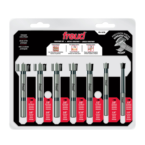 Freud PB-107B Forstner Bit Set, 1/4 to 1 in Dia Cutter, 3-1/2 in OAL, 1/4 to 3/8 in Dia Shank