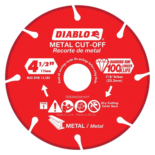 Diablo DDD045DIA101F Cut-Off Blade, 4-1/2 in Dia, 7/8 in Arbor, Continuous Rim