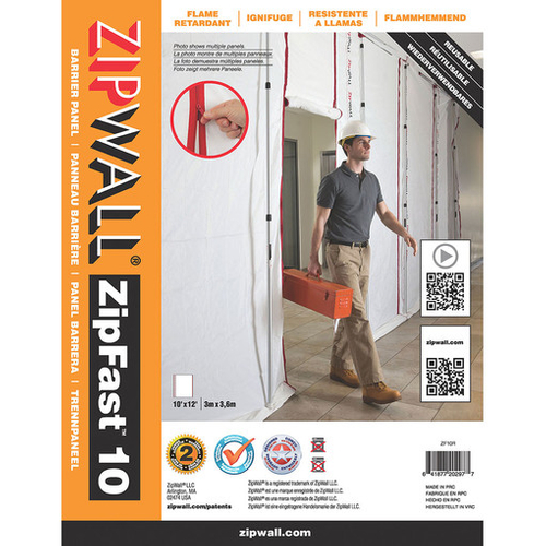 ZIPWALL ZF10R Dust Barrier Panel, Flame Retardant, 12 ft L, 10 ft W, Fabric