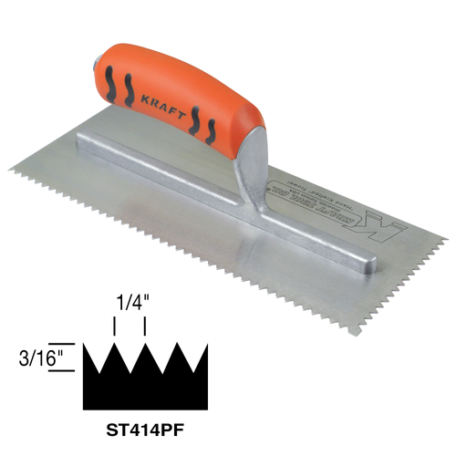 KRAFT TOOL ST414PF Tile Trowel, 11 in L, 4-1/2 in W, V Notch, Soft Grip Handle, Bright Orange Handle