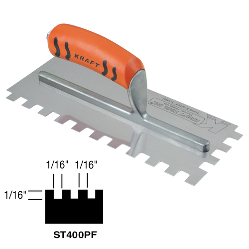 KRAFT TOOL ST400PF Tile Trowel, 11 in L, 4-1/2 in W, Square Notch, Soft Grip Handle