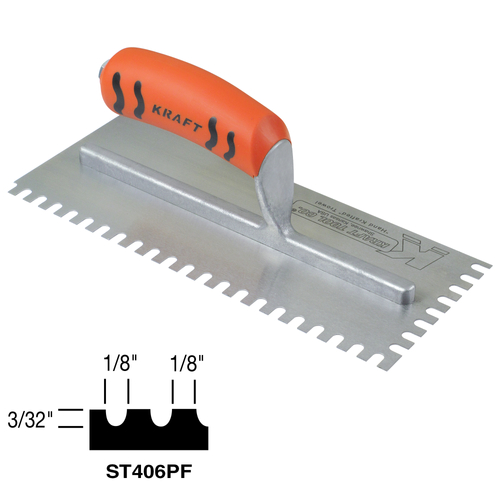 KRAFT TOOL ST406PF Tile Trowel, 11 in L, 4-1/2 in W, U Notch, Soft Grip Handle, Bright Orange Handle