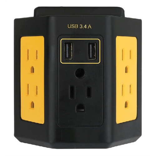PowerZone ORPBWTU345 Outlet Adapter, 3.4 A, 2-USB Port, 5-Outlet, Black/Yellow