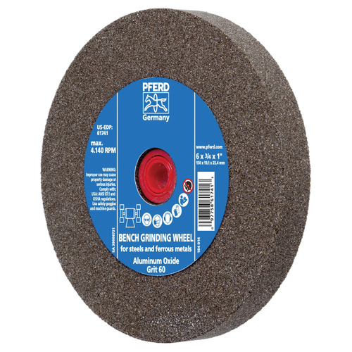 PFERD 61741 Bench Grinder Wheel, 6 in Dia, 3/4 in W, 1 in Arbor, 60 Grit, Aluminum Oxide Abrasive