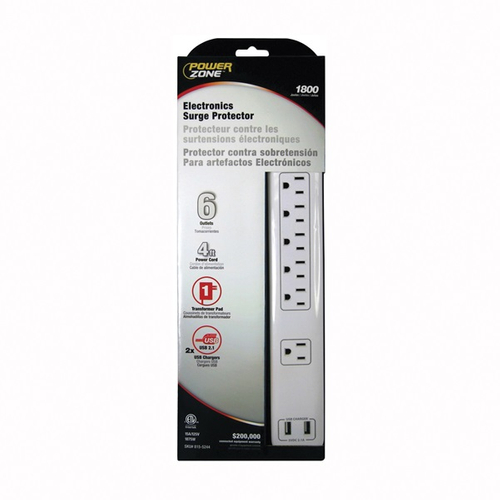 PowerZone OR525106 Surge Protector Power Strip, 125 V, 15 A, 6-Outlet, 1800 Joules Energy, White