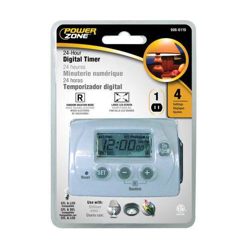 PowerZone Timer, 8 A, 125 V, 1000 W, 1 -Outlet, 24 hr Time Setting, 4 On/Off Cycles Per Day
