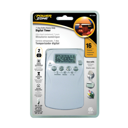 PowerZone TNDHD002 Timer, 15 A, 125 V, 1875 W, 2-Outlet, 16 On/Off Cycles Per Day