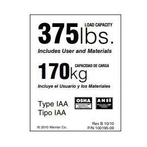 WERNER LDR375 Duty-Rating Label, For: All Ladders Except Twin Stepladders