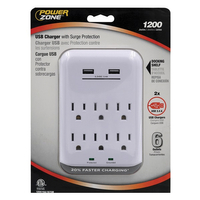 PowerZone ORUSB346S USB Charger with Surge Protection, 2-Pole, 125 V, 15 A, 6-Outlet, 1200 Joules