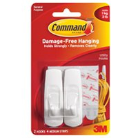 3M 17001 Command Medium Adhesive Utility Hooks, White, 2-Pack